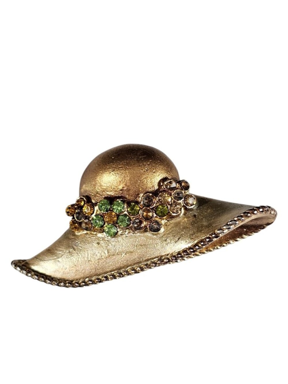 Gold Tone Hat Brooch Pin With Green & Gold Crystal Rhinestone Flowers Vintage